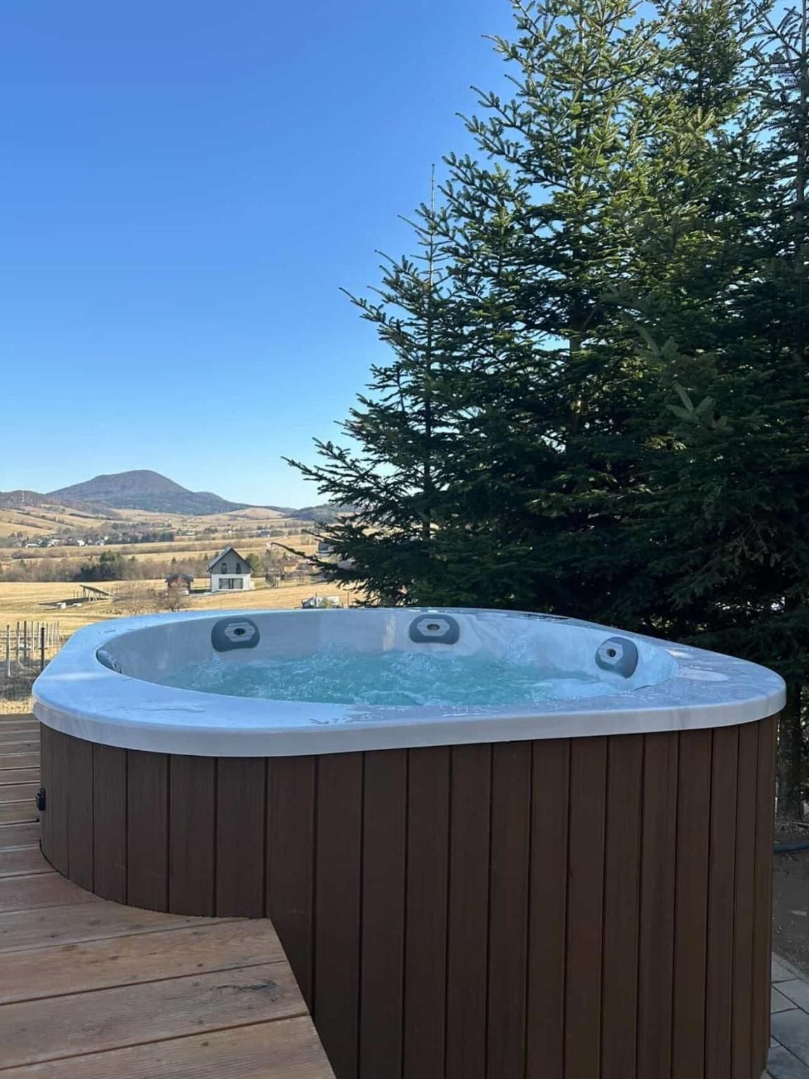 Zewnętrzne jacuzzi na tle gór i wysokich świerków